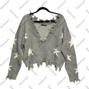 Zaful one size Distressed Star Sweater - Gray deep V neck
